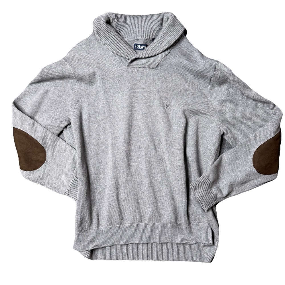 ChapsWool Blend Sweater Men's Large Shawl Collar Elbow Patch Knit Pullover Brown